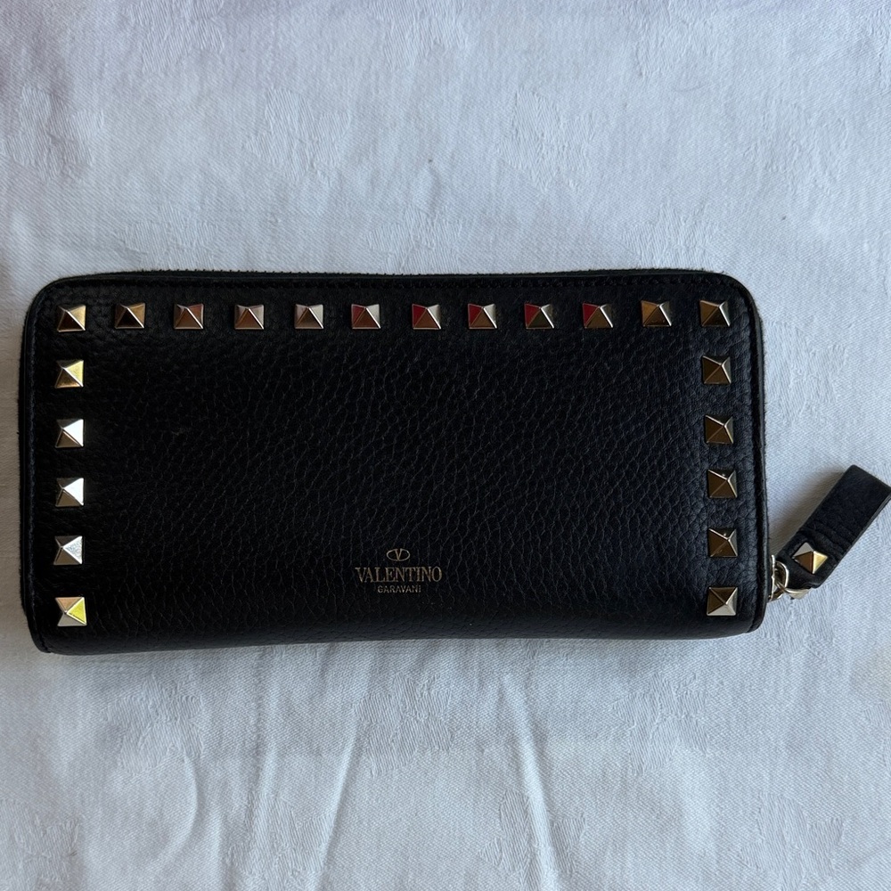 Valentino Black Leather Rockstud Continental Zip Wallet with Gold-Tone Studs